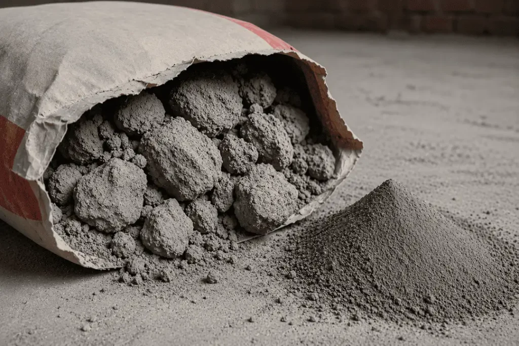 Opened cement bag showing hardened lumps beside fine cement powder, illustrating moisture-damaged cement caused by improper storage during the monsoon season.